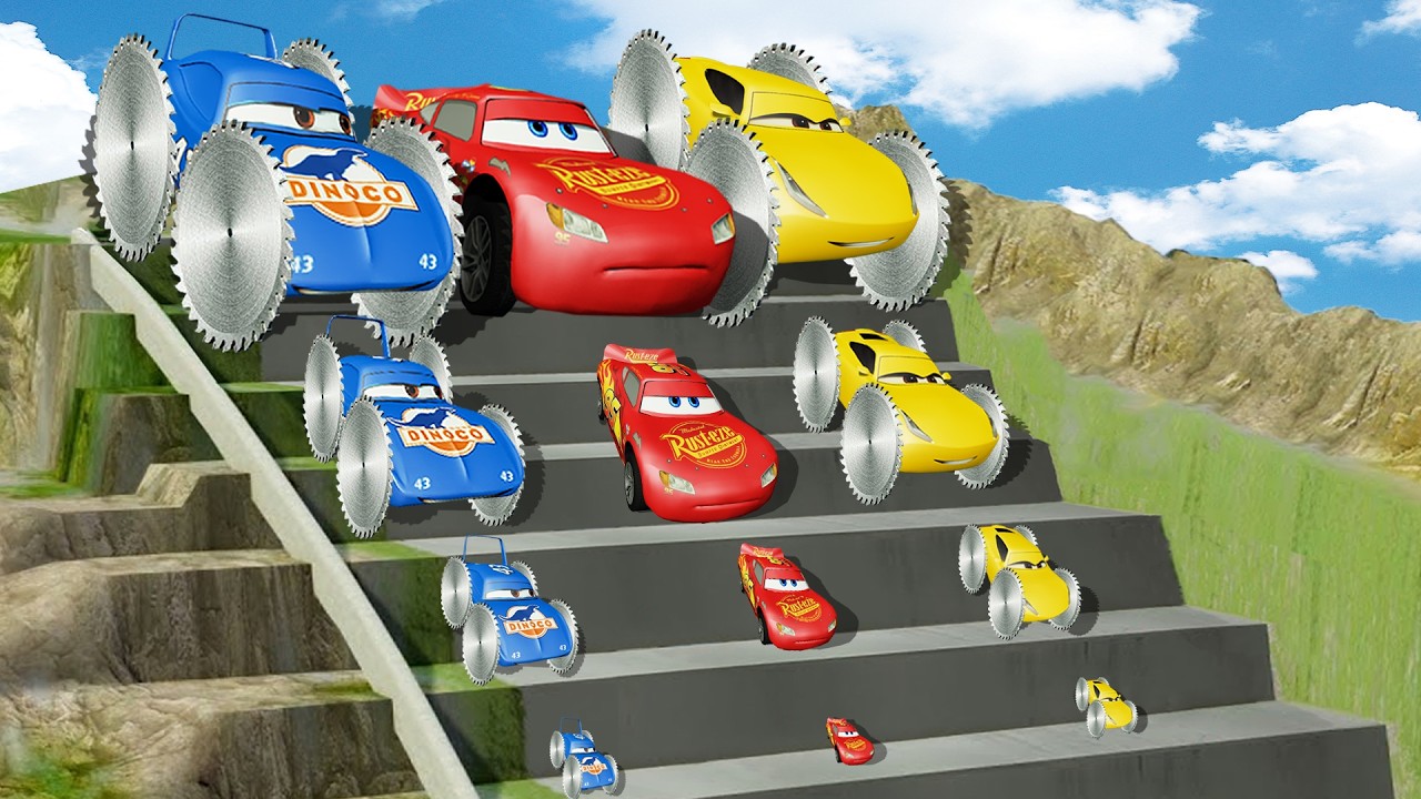 Big & Small Saw McQueen, Dinoco & Cruz Ramirez vs Stairs Downhill Race – BeamNG.drive
