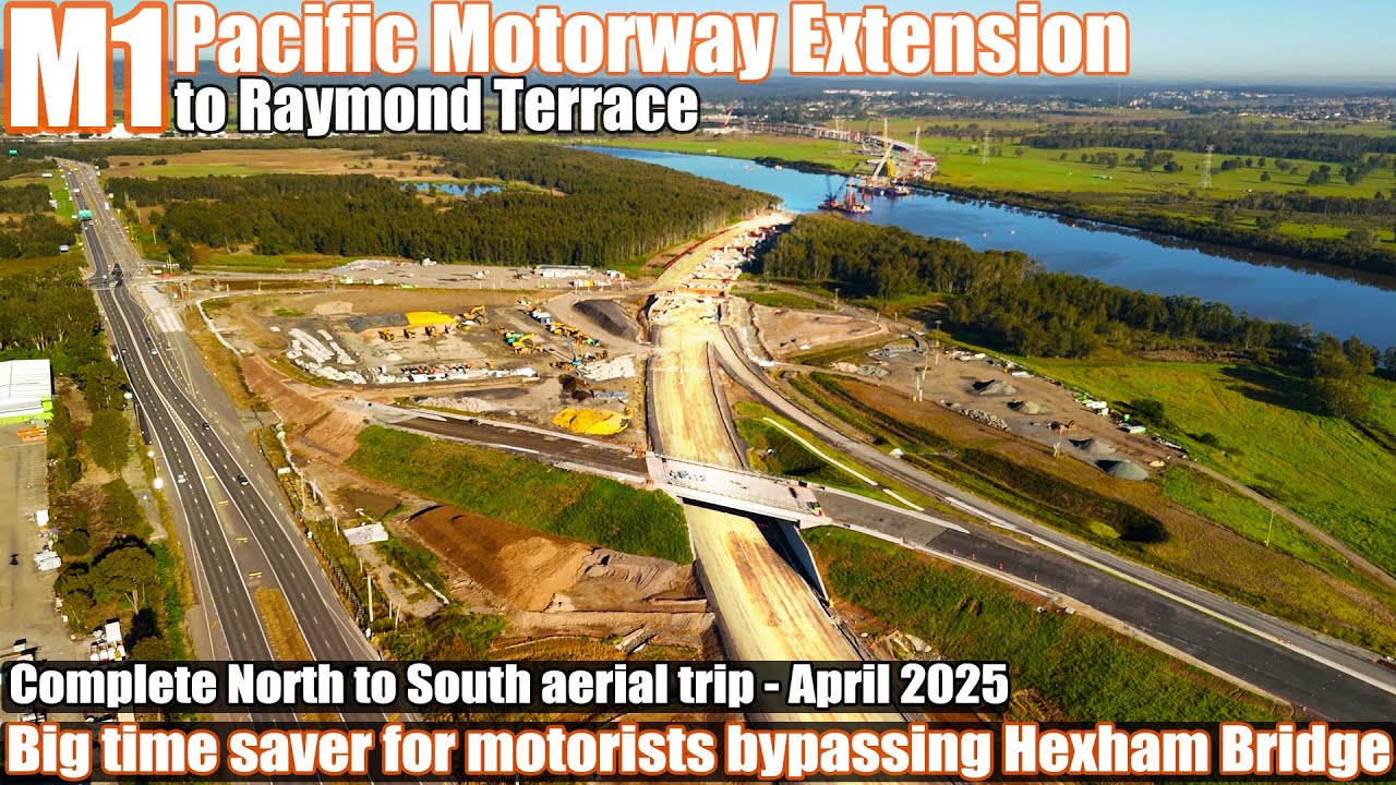 Panoramic aerial views along the M1 Pacific Motorway Extension to Raymond Terrace in Hunter Region