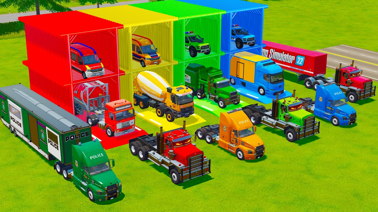 TRANSPORTING FIRE ENGINE, POLICE  VEHICLES, AMBULANCE, GARBAGE TRUCK TO GARAGE - FS22