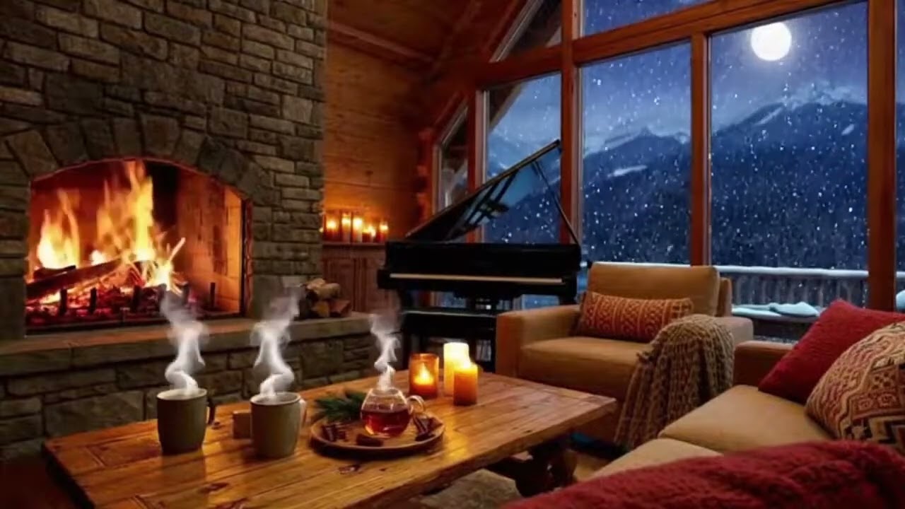 Cozy Winter Chalet ❄️ Fireplace, Snowfall & Soft Piano Jazz | Relax, Study, Sleep