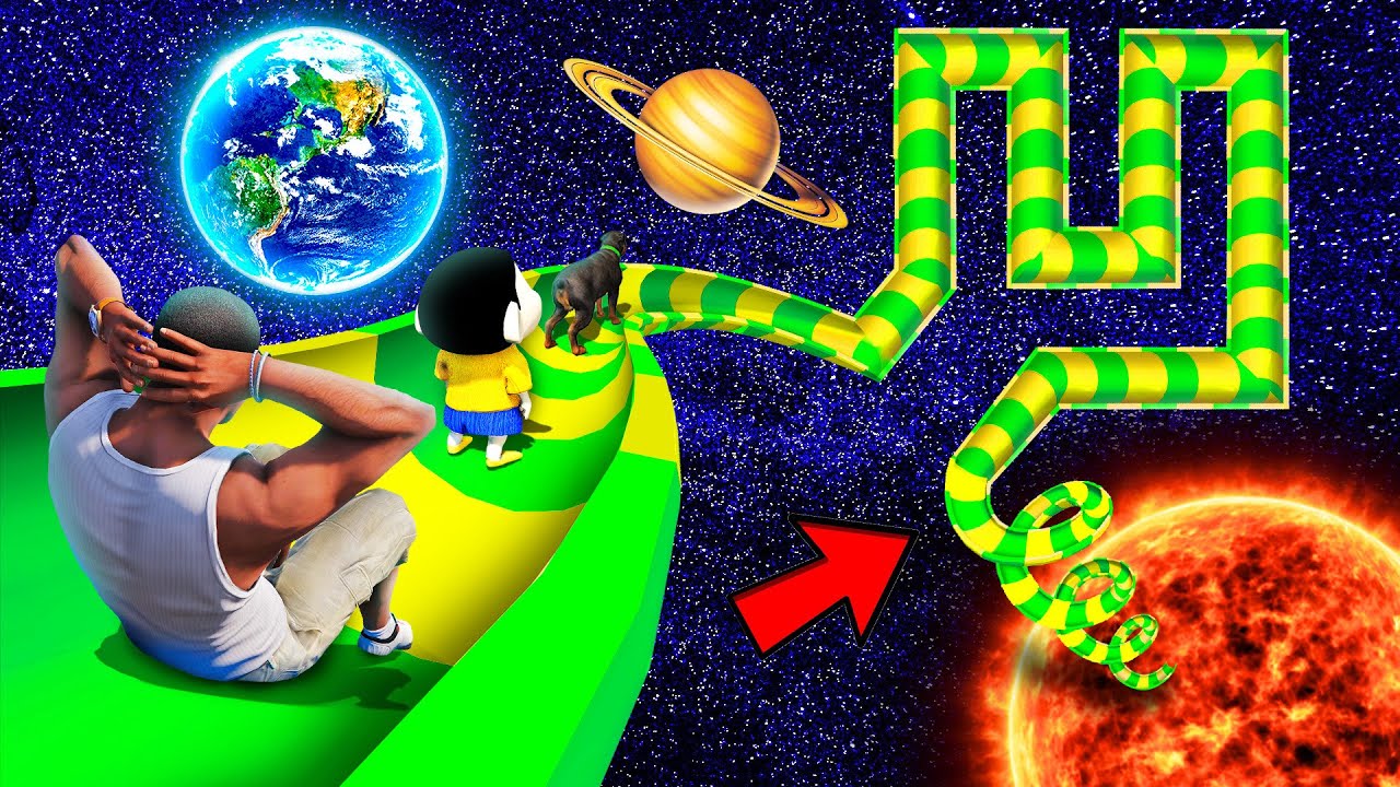 SHINCHAN AND FRANKLIN WENT TO SPACE THROUGH ROAD & TRIED ZIGZAG SPIRAL MAZE WATER SLIDE CHALLENGE