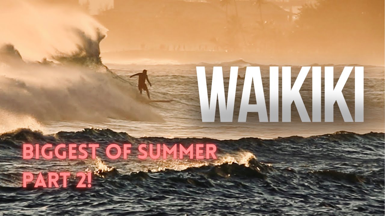 Sunset Surfing in Waikiki 🌊🏄🏽‍♀️ BIGGEST WAVES OF 2024 pt 2! Large Summer Swell High Big Surf Beach