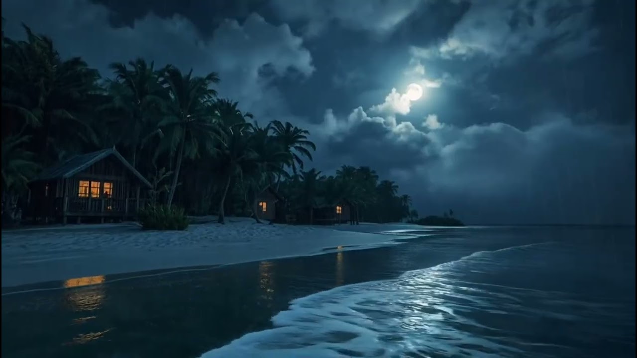 Rain on a Quiet Tropical Beach 🌧️ Ocean Waves & Moonlight for Sleep and Relaxation #whitenoise