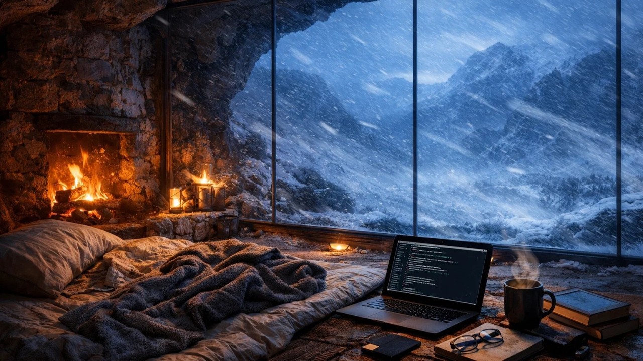 Coding in a Blizzard | 3 Hours Cozy Cave Sanctuary | Lo-fi Study & Relax