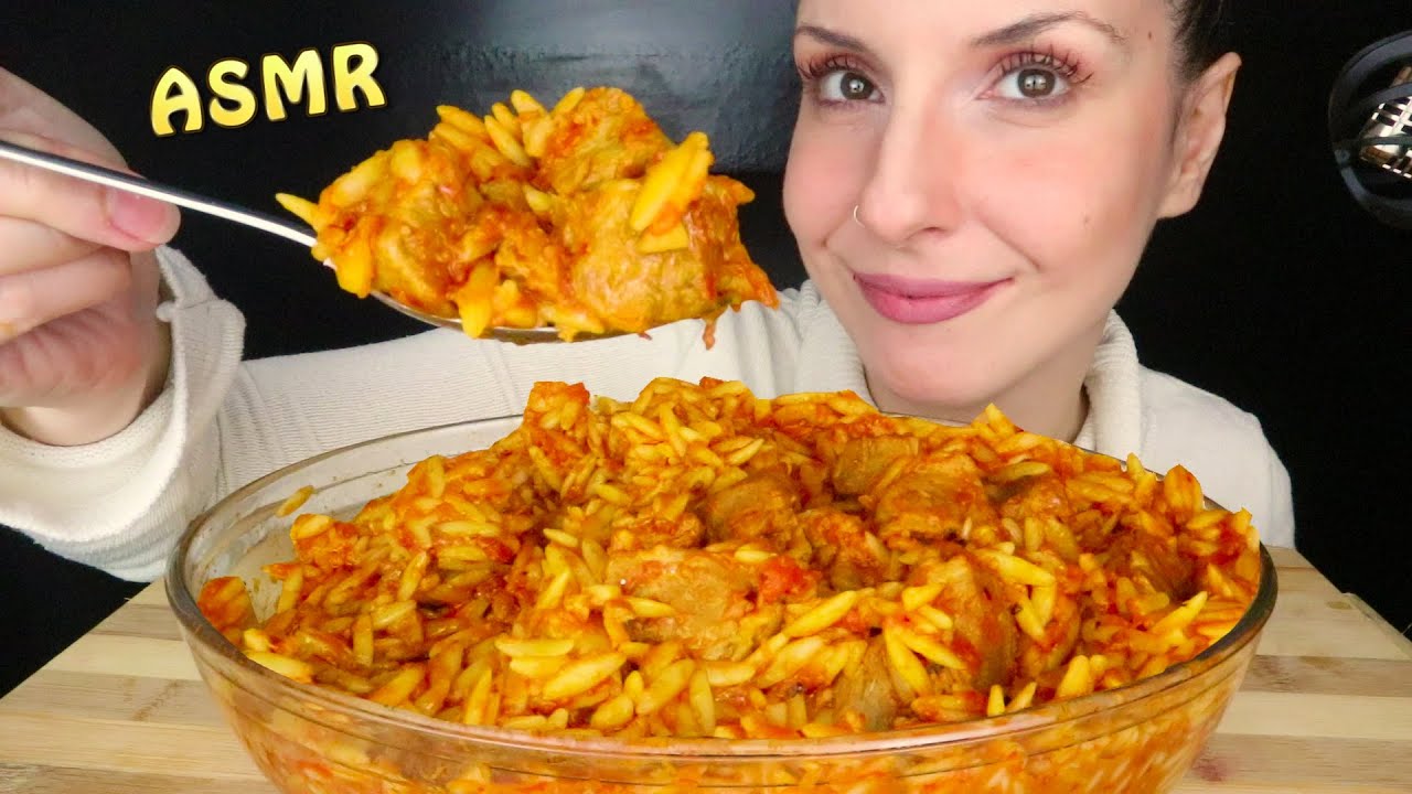 GREEK GIOUVETSI 🍲 -  ORZO PASTA MARINARA WITH PORK BITES | Whispering | ASMR Mukbang - 먹방