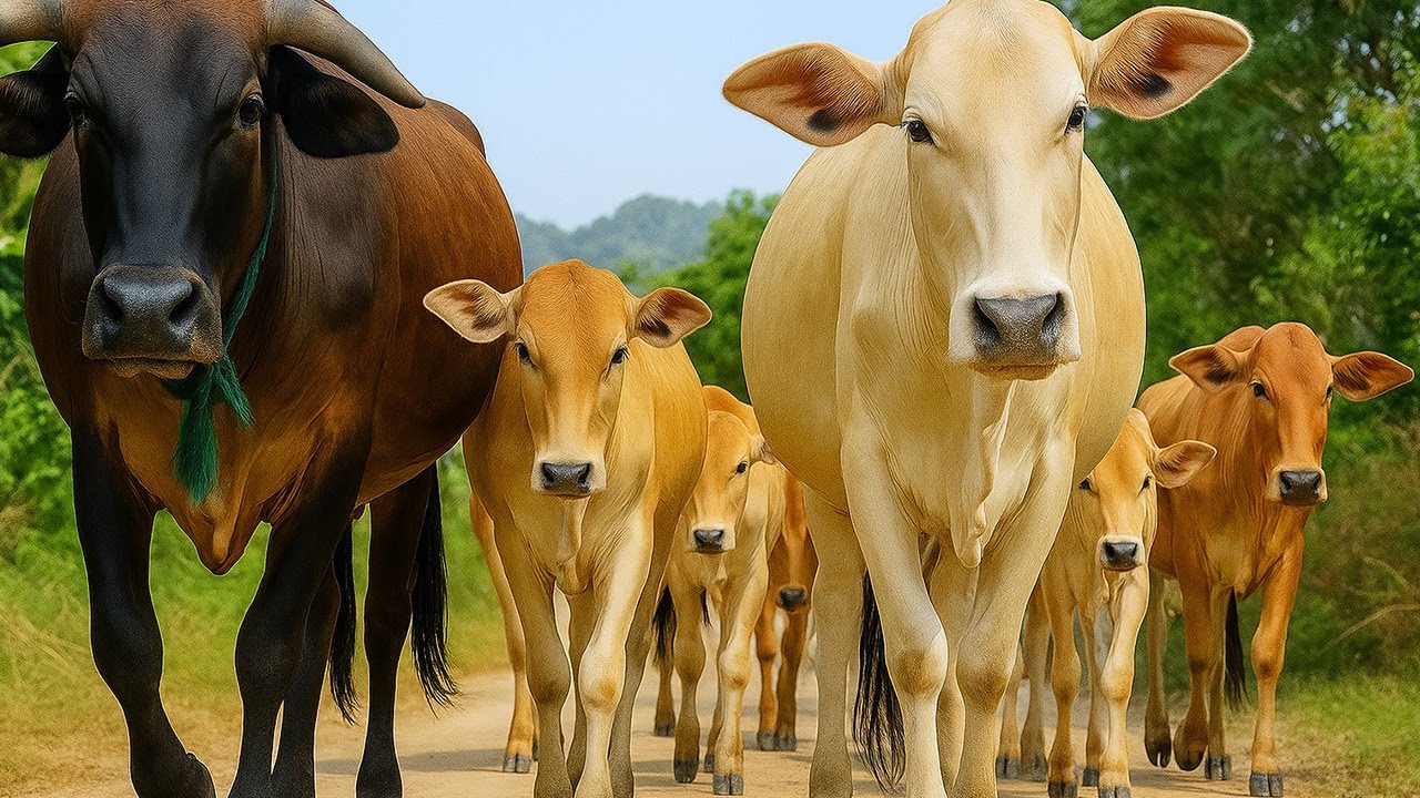 Kerumunan Sapi Lembu Ternak Berada di ladang hijau, Suara Sapi Moo, Sapi Lucu menikmati rumputan