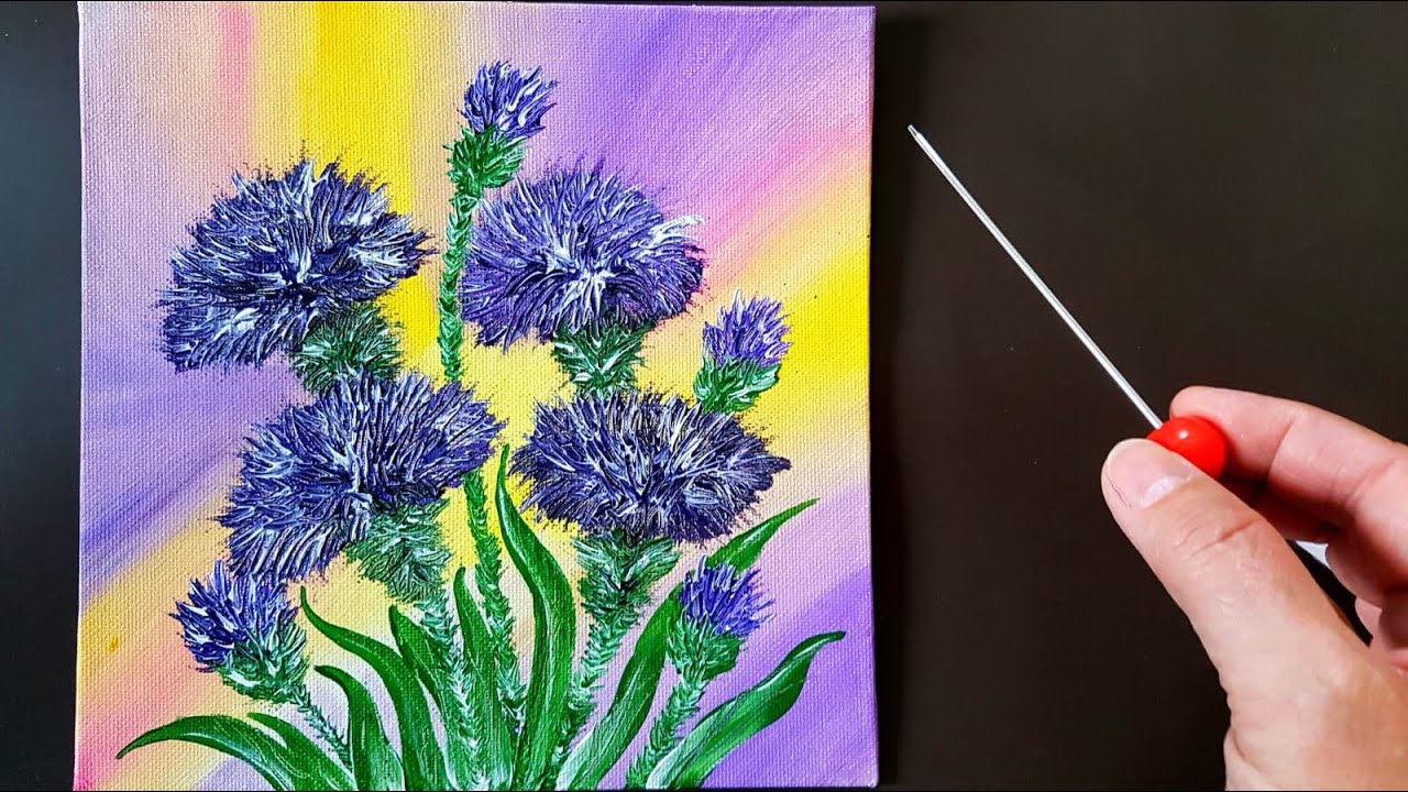 Blumen Disteln Malen Kratztechnik Acryl - Flowers Thistles Acrylic Painting Scratch Technique Purple