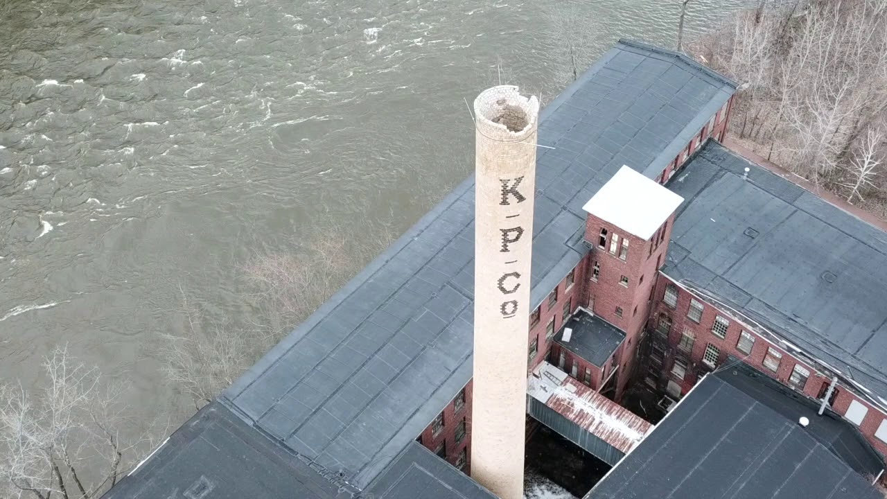 Aerial footage of former paper mills in Turners Falls