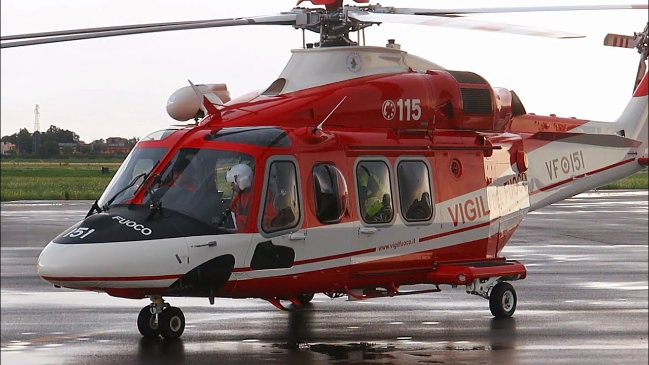 Elicottero Vigili del Fuoco Agusta Westland AW139 Start Up Italian Fire Fighters Close View and Taxi