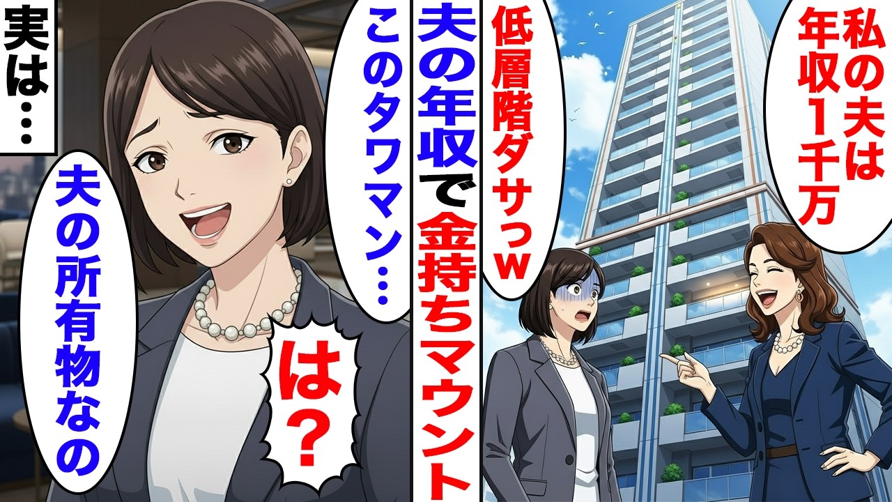 【漫画】夫の貯金で購入したタワマンでマウントを取る嫁→「低層階はダサいｗ」9階に住む人を馬鹿にした結果【スカッと】【ママスカ】