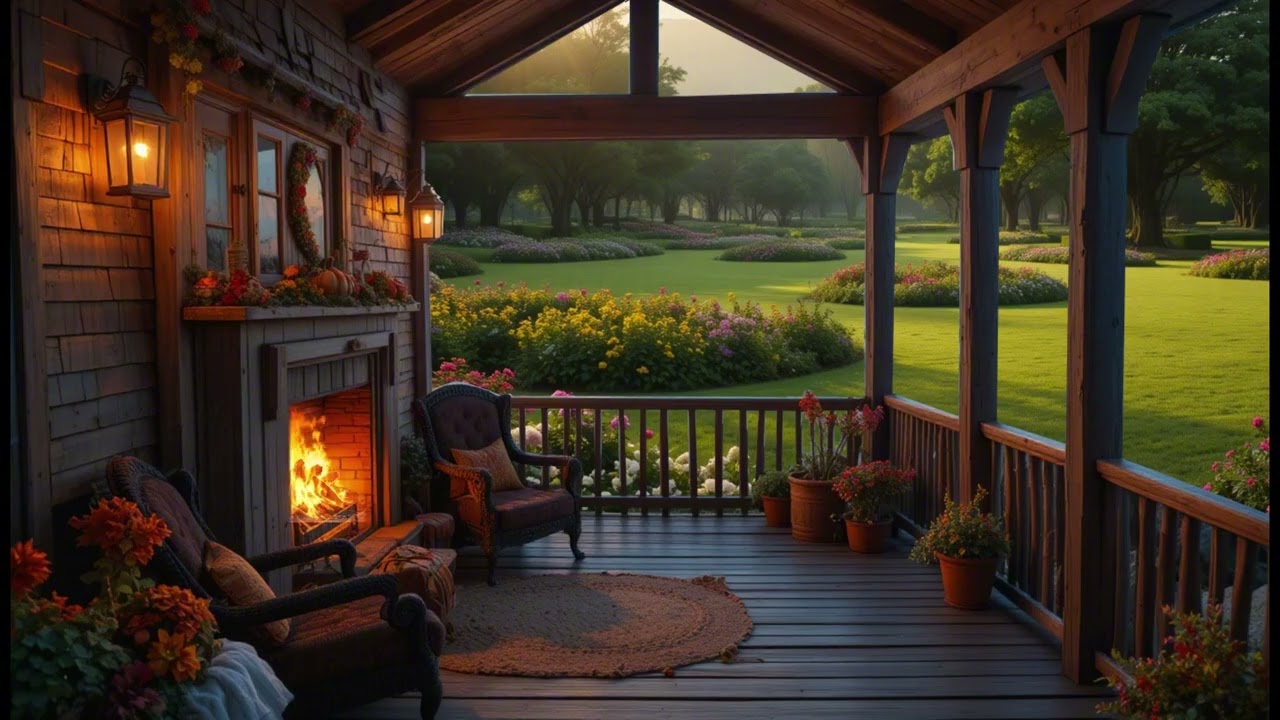 🍂 Cozy Porch at Sunrise w/ Fireplace & Garden View 🌻 Ultimate Autumn Ambience #CozyVibes #FallMagic