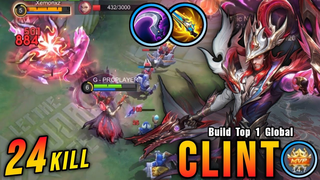 24 Kills!! Clint Soul Vessels Skin Monster Gold Lane!! - Build Top 1 Global Clint ~ MLBB