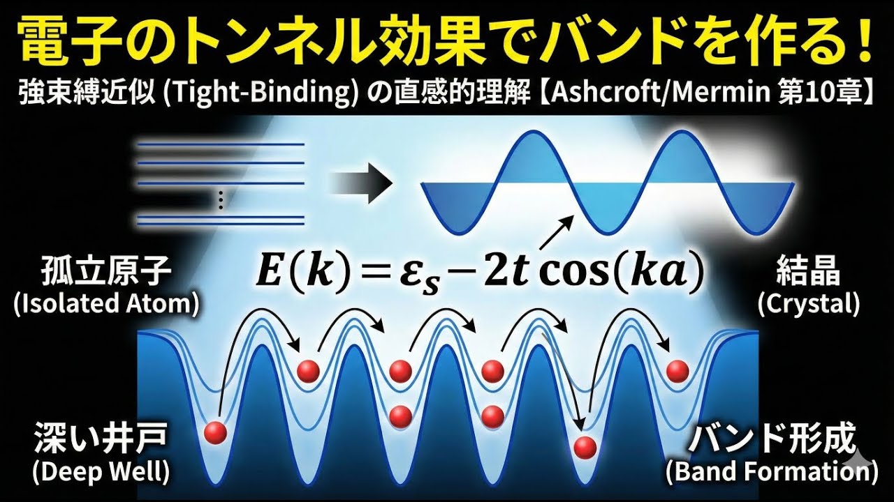 【固体物理】電子の「トンネル効果」でバンドを作る！強束縛近似（Tight-Binding）の直感的理解【Ashcroft/Mermin 第10章】アシュクロフトマーミン