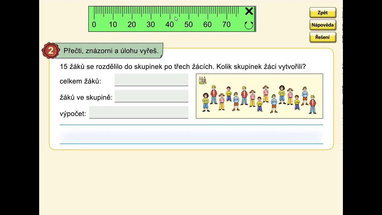 Slovní úloha na dělení po 3, MATÝSKOVA MAT. 6. DÍL - VYVOZENÍ NÁSOBENÍ A DĚLENÍ, str. 15, cv.2