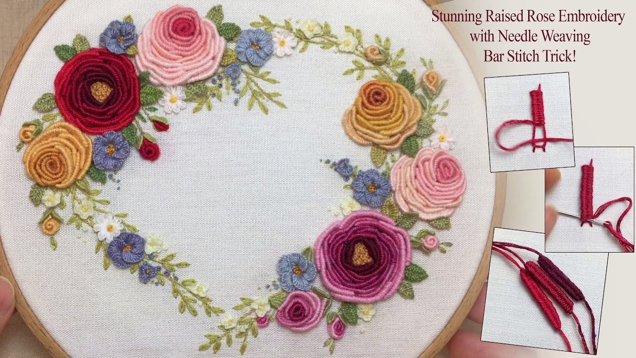 Elegant Rose Wreath Embroidery Design with Needle Weaving Bar Stitch | Step-by-Step Tutorial