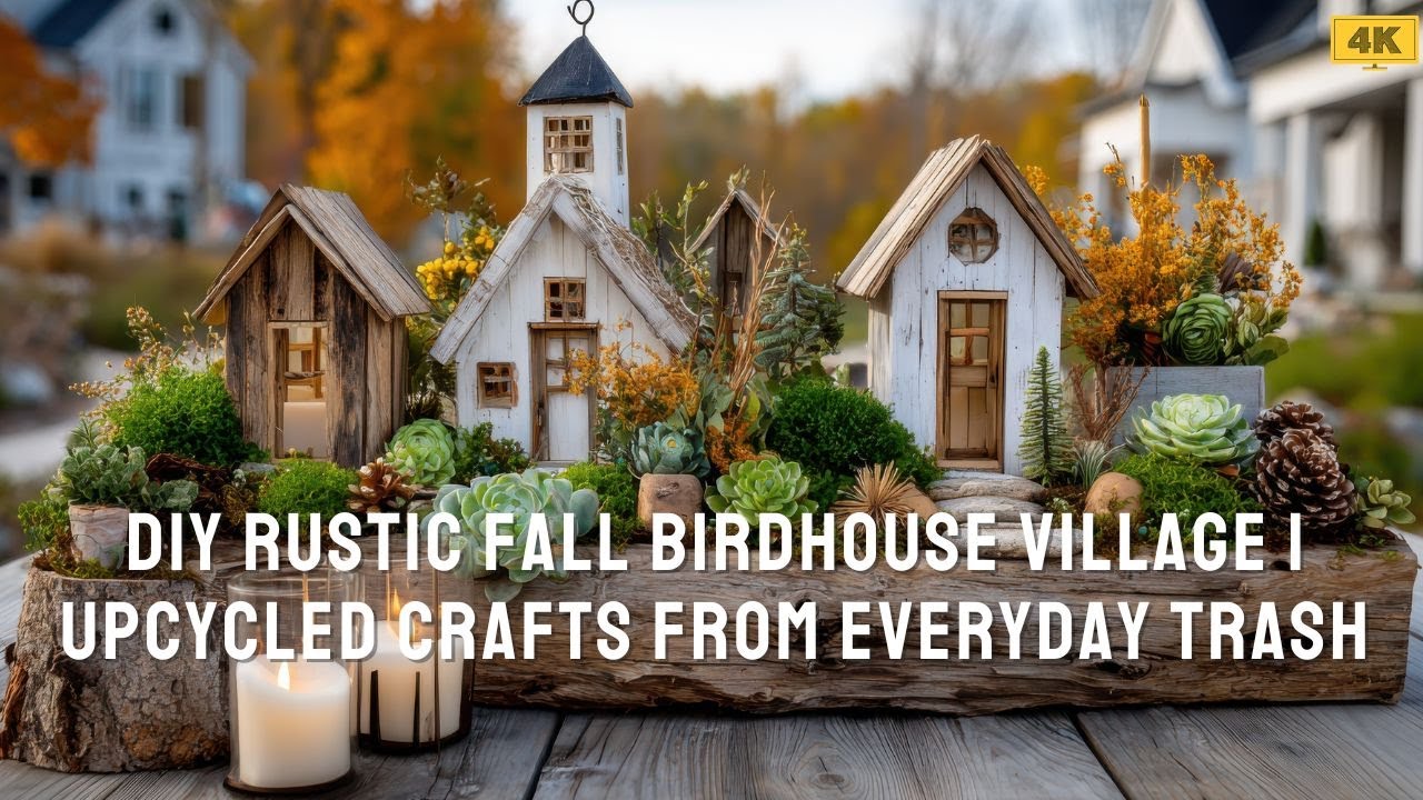 DIY Rustic Fall Birdhouse Village | Upcycled Crafts from Everyday Trash
