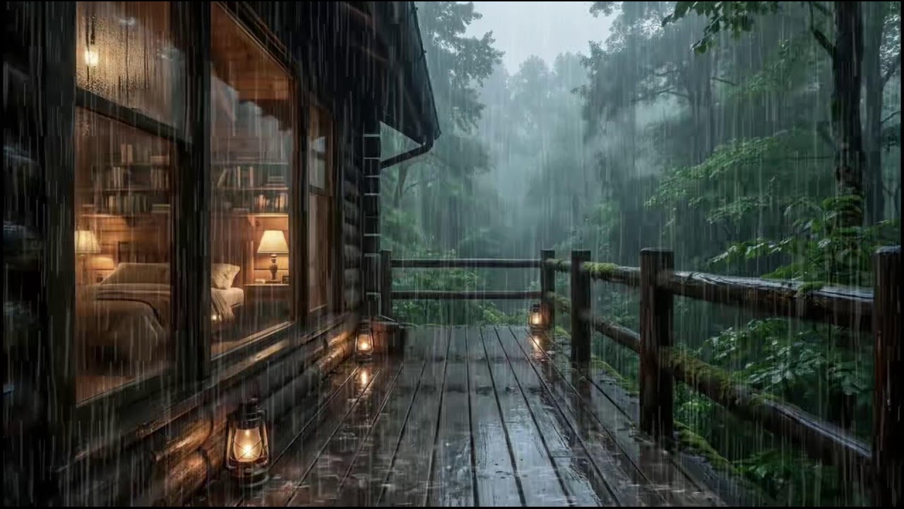 Calming rain near a forest cabin, slow rain rhythms for peaceful sleep support and insomnia rest