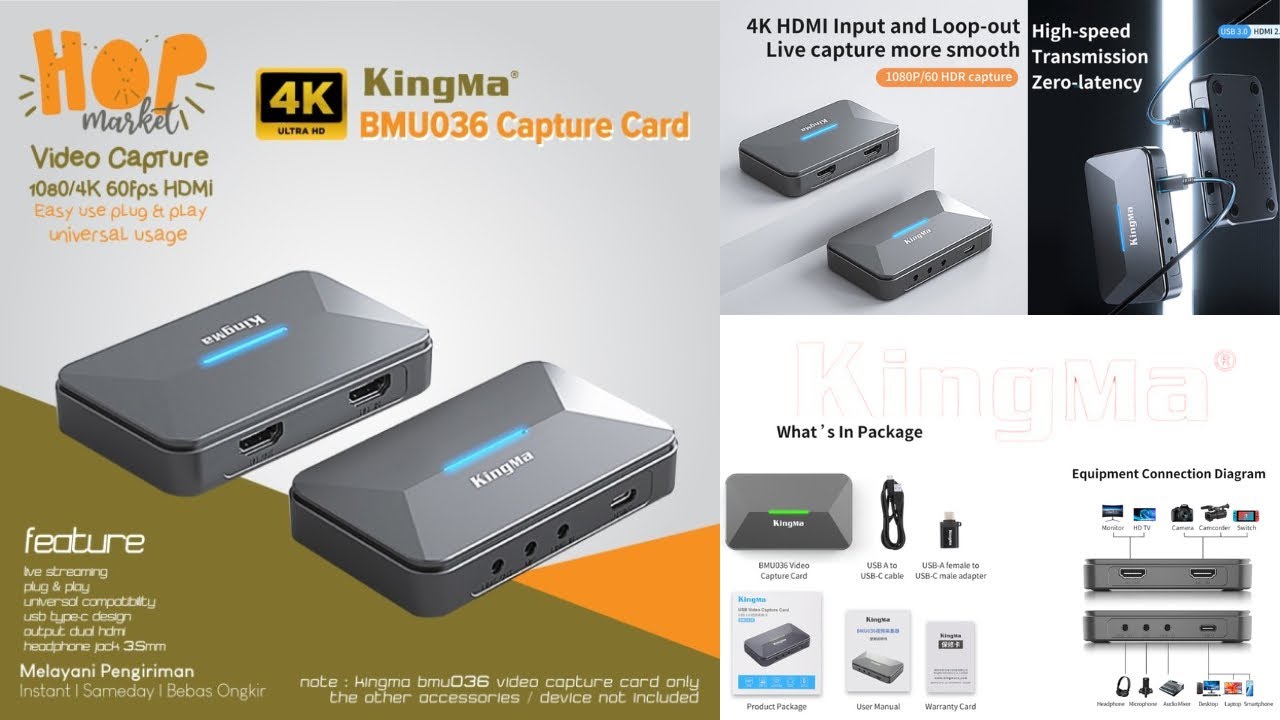 KingMa BMU036 Video Capture Card 4K 1080P60fps HD-MI USB 3.0 for Record Live Streaming/Gaming