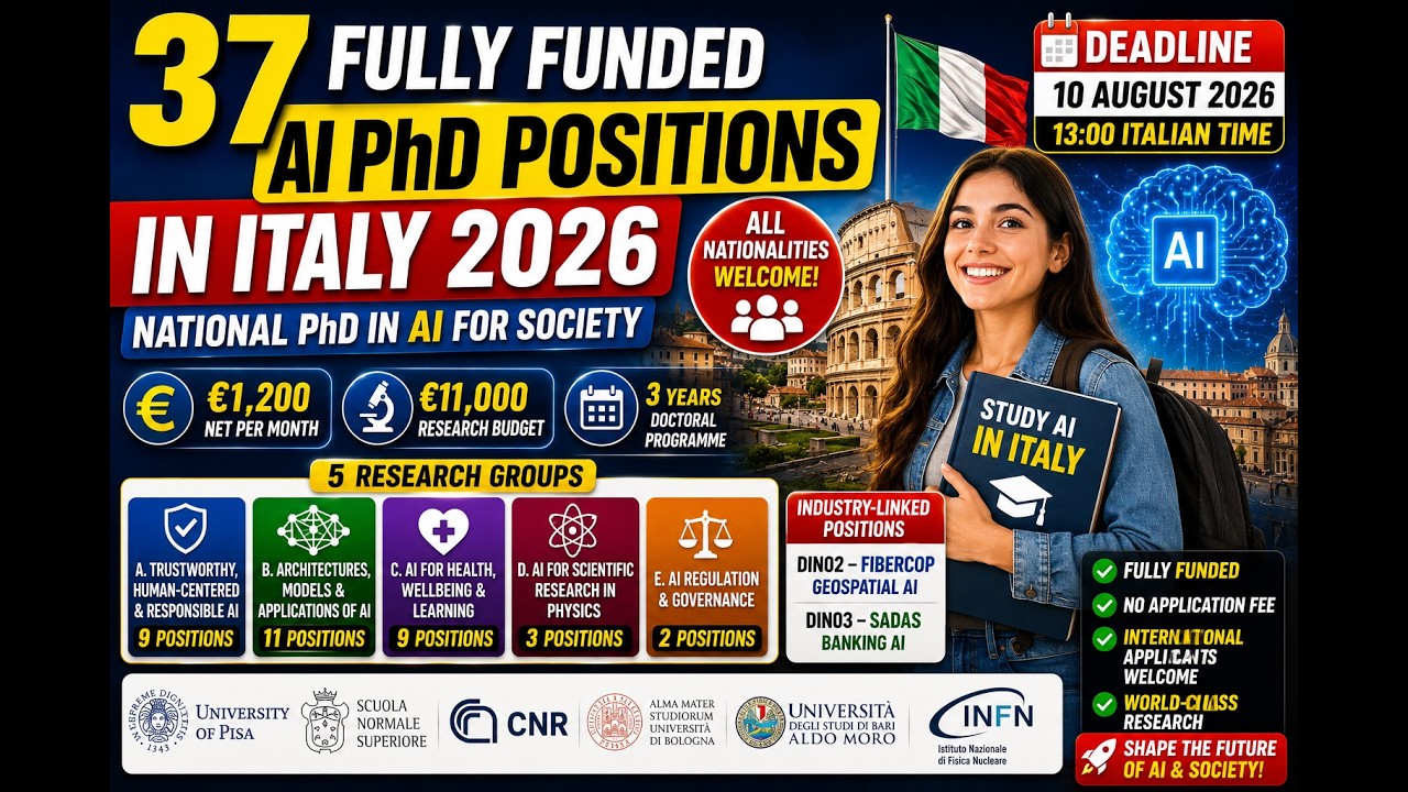 37 Fully Funded AI PhD Positions in Italy 2026 | &euro;1,200/Month + Research Budget | Deadline Aug 10