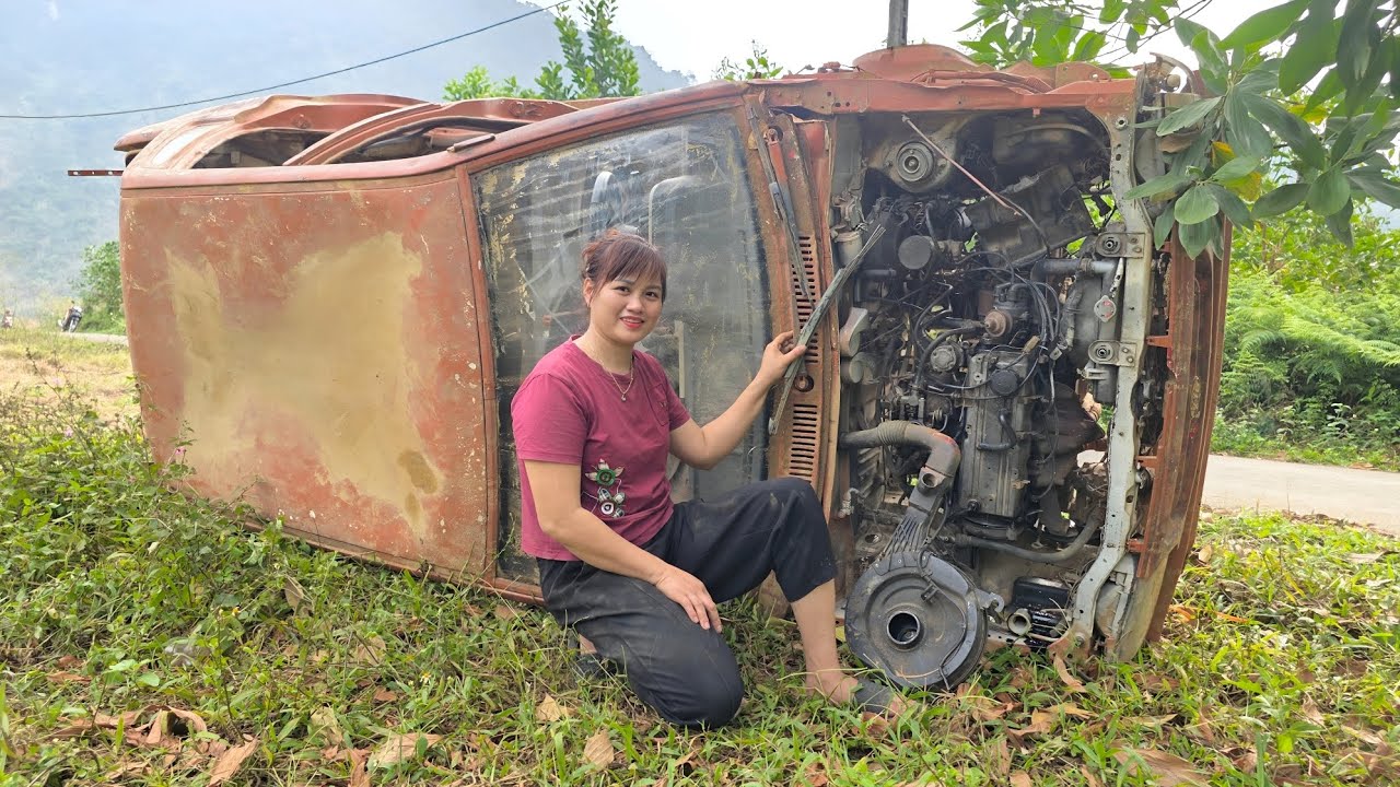 The girl bought a scrap car to repair and restore the car's entire engine.