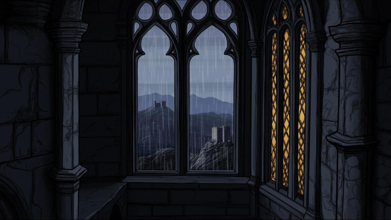 4K Rainy Medieval Castle Window View - Cozy Thunderstorm Sounds - Ambience for Reading Sleep Relax