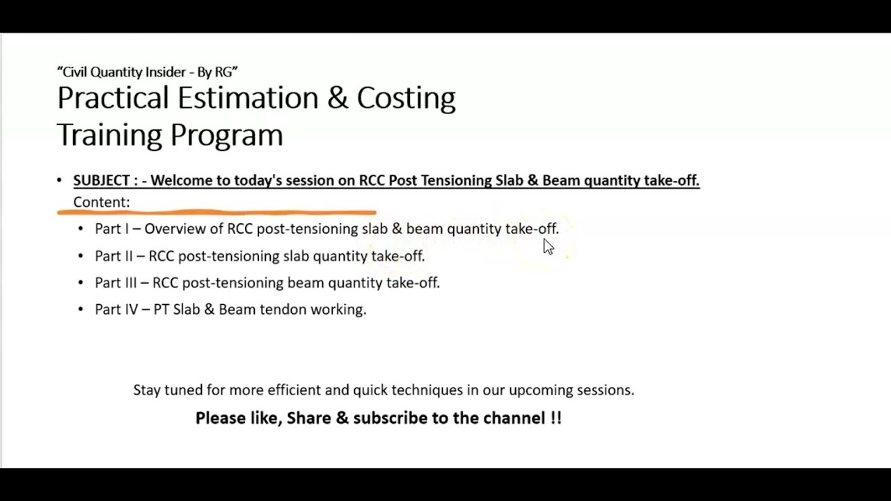 RCC Post tensioning (PT) slab - Overview of Quantity Takeoff for PT Slab & Beam - Part I