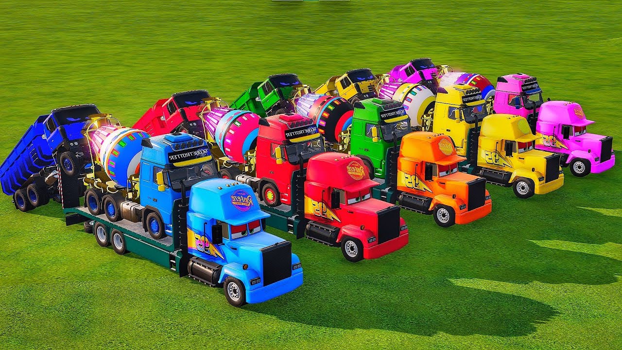 Garage with colors - ALL TRUCK WITH DOBLE FLATBED TRAILER TRUCK, VOLVO, MACK, INTERNATIONAL