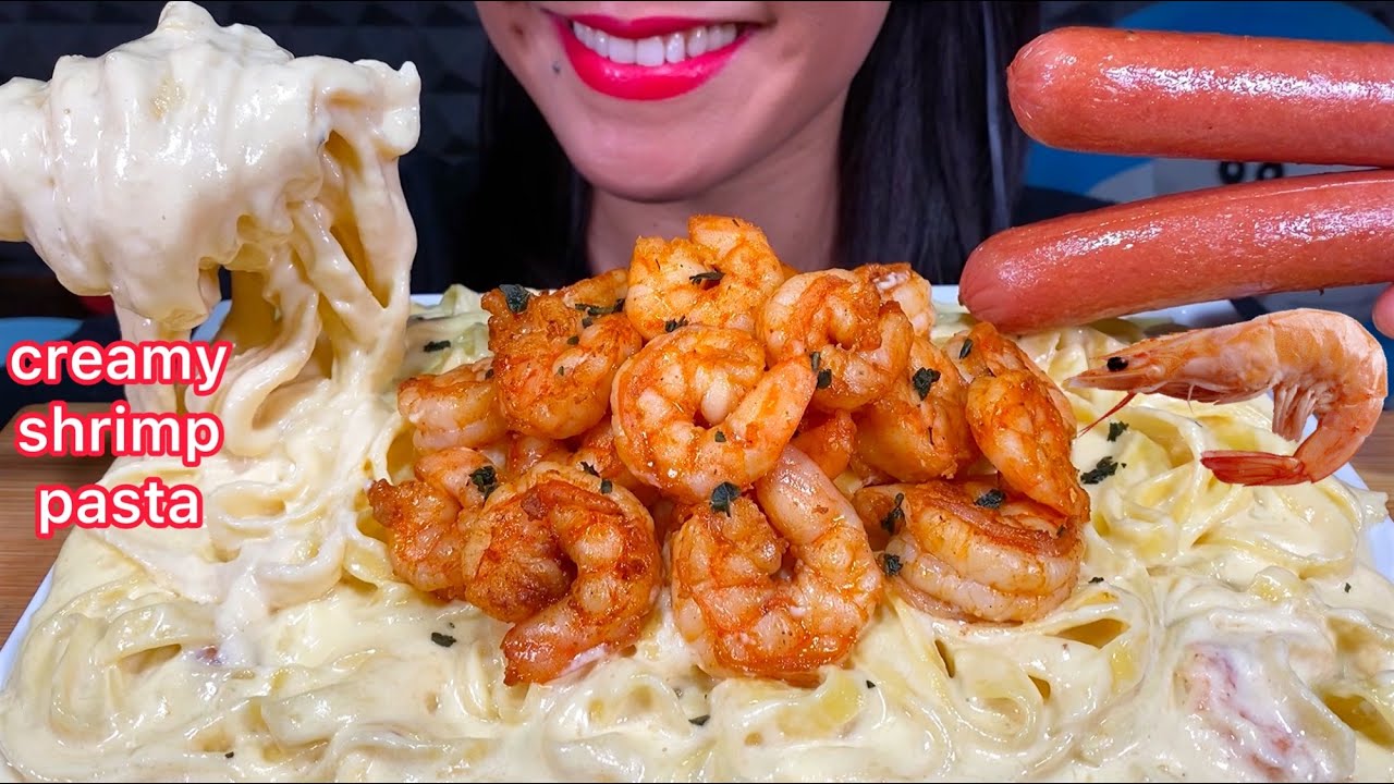 ASMR CREAMY CHEESY SHRIMP PASTA + SAUSAGES MUKBANG MASSIVE Eating Sounds