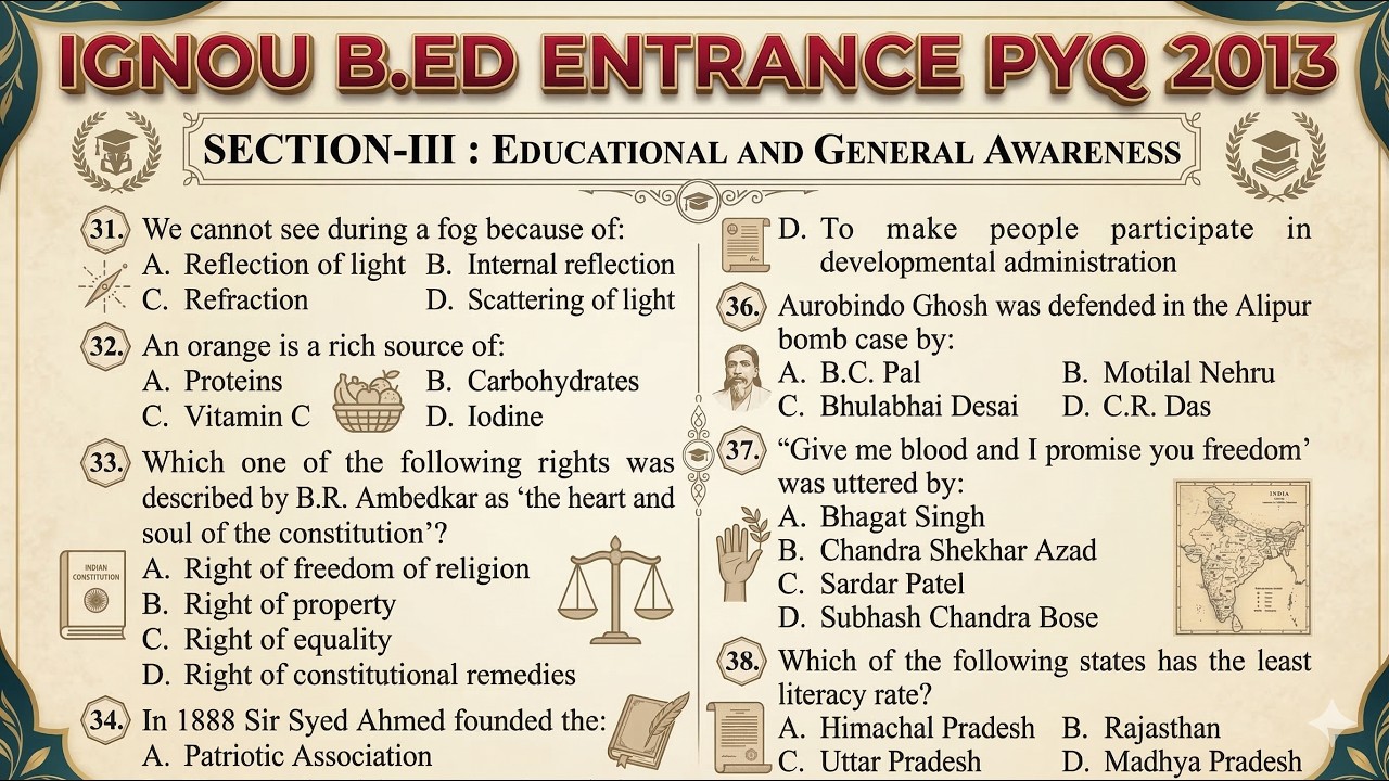 IGNOU B.Ed Entrance Previous Year Question Paper 2013 | Educational and General Awareness MCQs