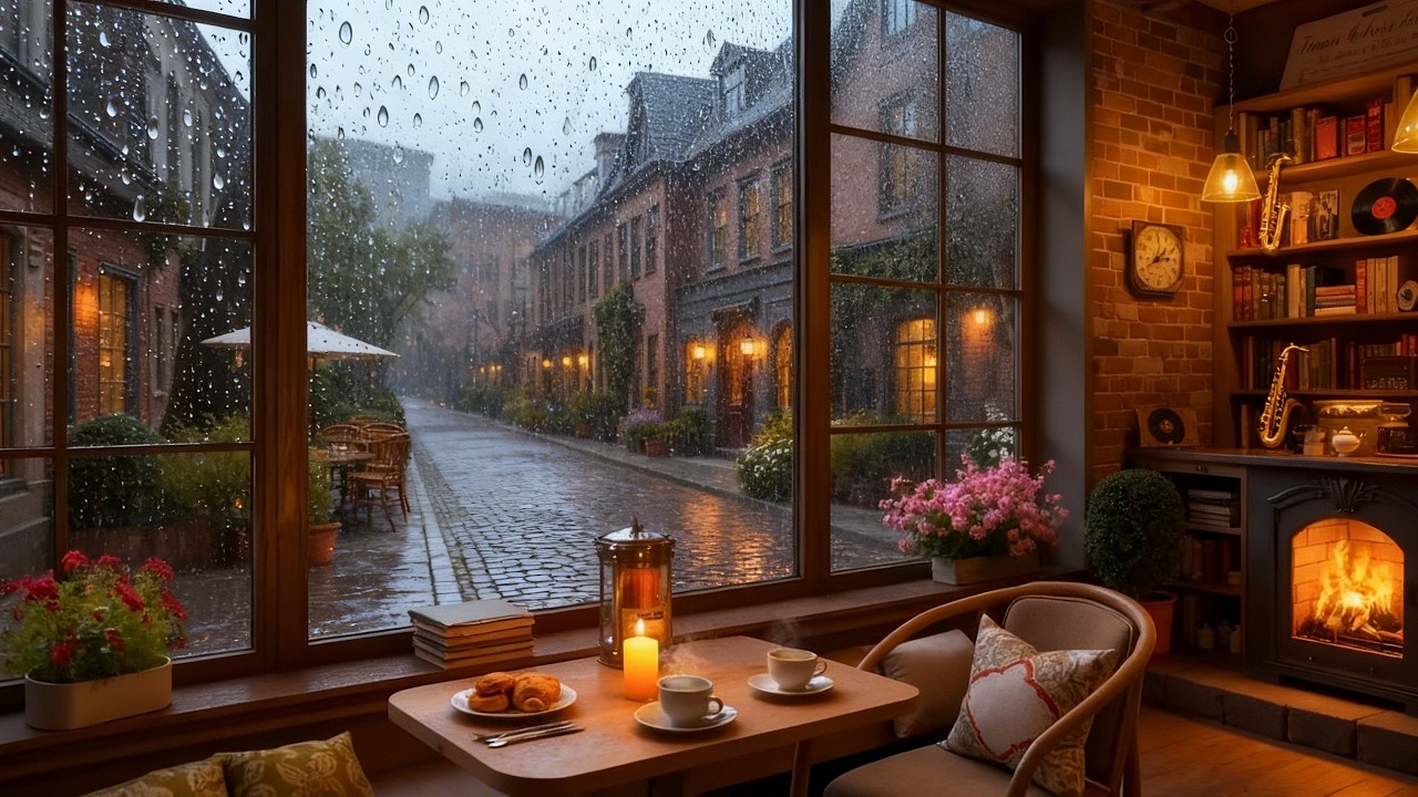 Rainy Day Coffee Shop Jazz ☕ Cozy Fireplace & Calm Piano Ambience for Study, Work and Relaxation