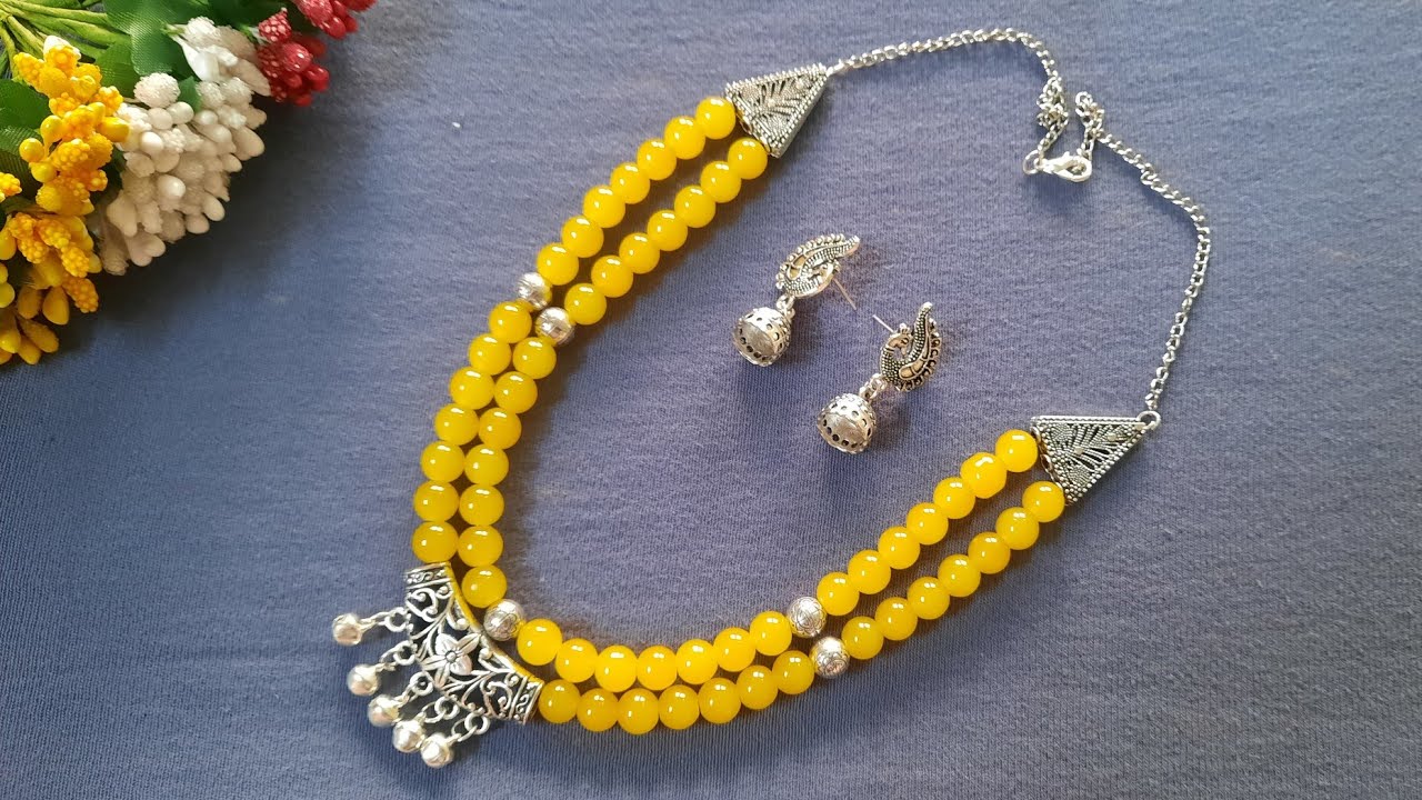 Glass beads jewellery making/ Double Layered Yellow glass beads necklace/ Oxidised jewellery