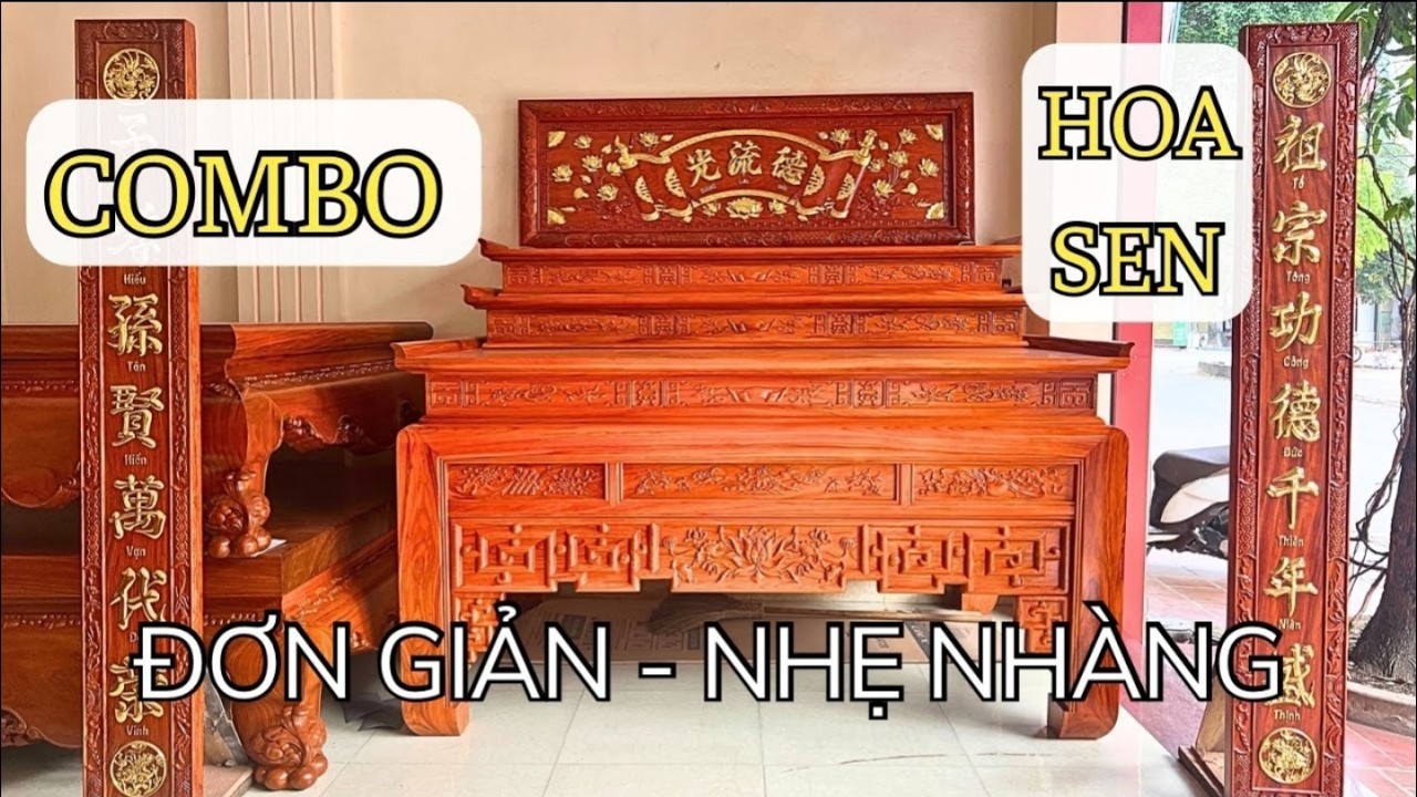 Bàn Thờ Truyện Sen Gỗ Gõ Đỏ Cực Dày Dặn - Bàn Thờ Tam Cấp Trong Combo Phòng Thờ Hoa Sen Cực Đẹp