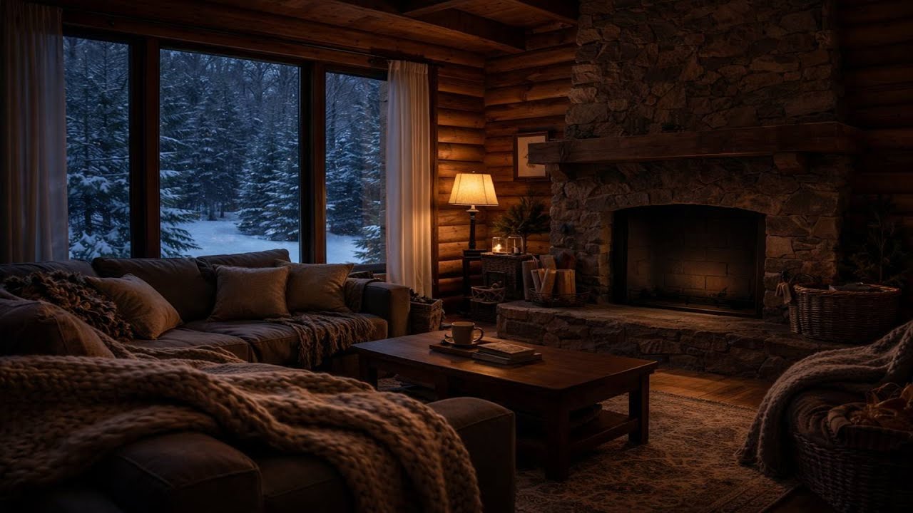 Silent Winter Cabin Night ❄️ Cozy Fireplace Glow & Deep Snowfall Ambience