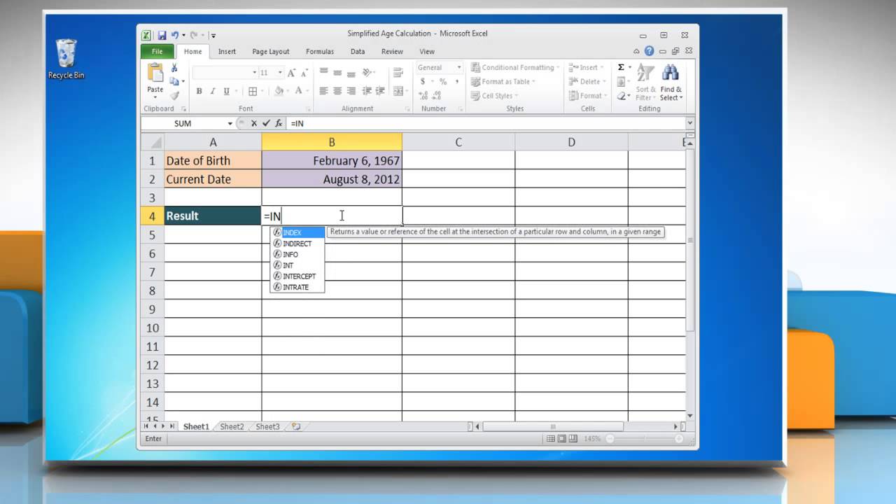 Simplified Age Calculation in Excel 2010