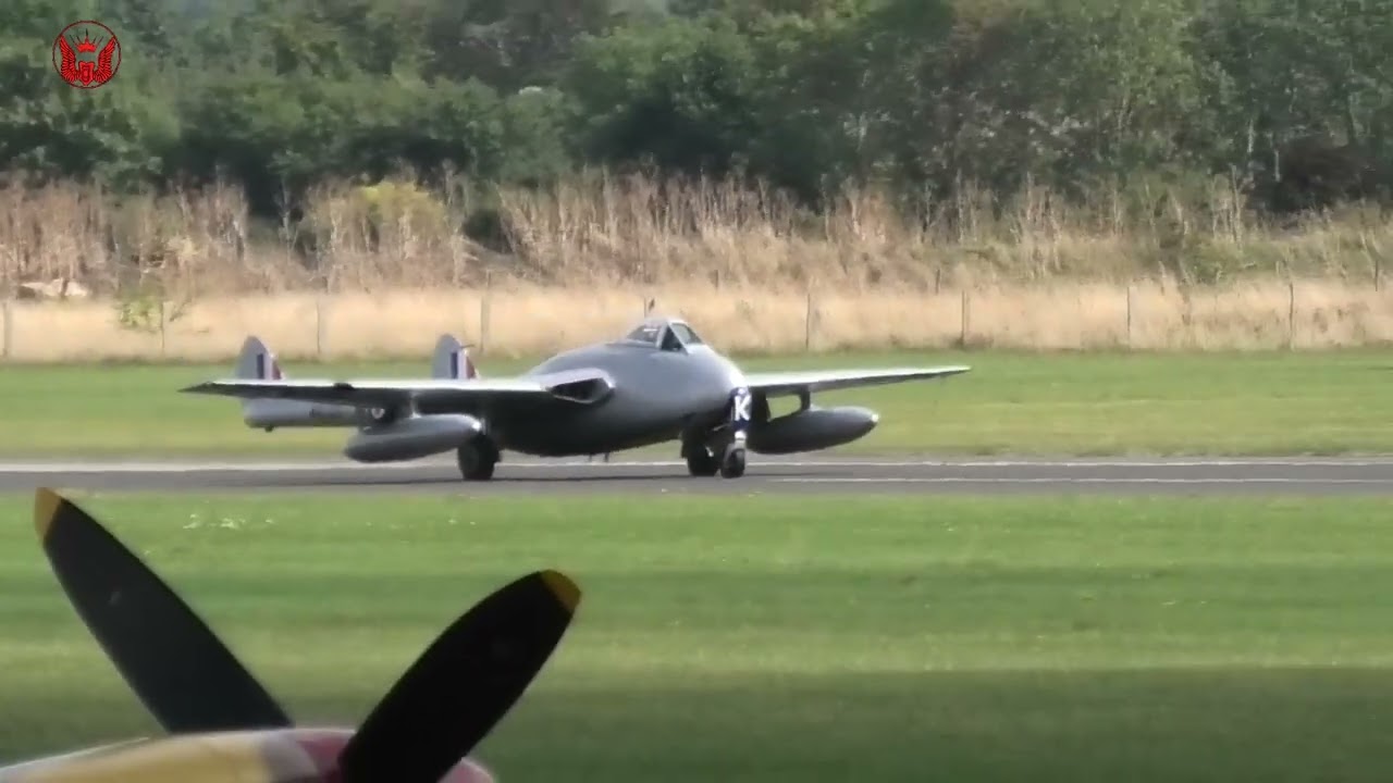 De Havilland Vampire British jet fighter takeoff Duxford
