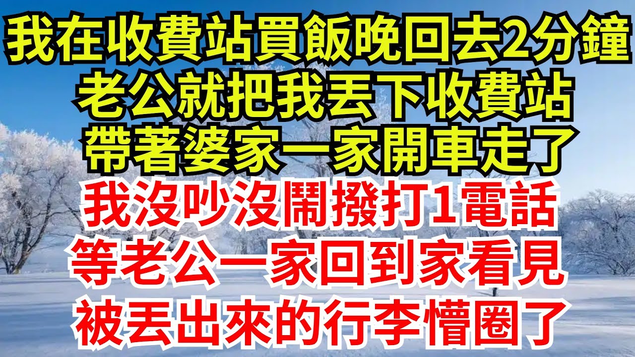 我只是在收費站買飯晚回來2分鐘，老公就把我丟下收費站，帶著婆家一家開車走了，我沒吵沒鬧撥打1電話，等老公一家回到家看見，被丟出來的行李懵圈了#完結故事#情感故事#爽文#婆媳關系#女频小说#故事分享