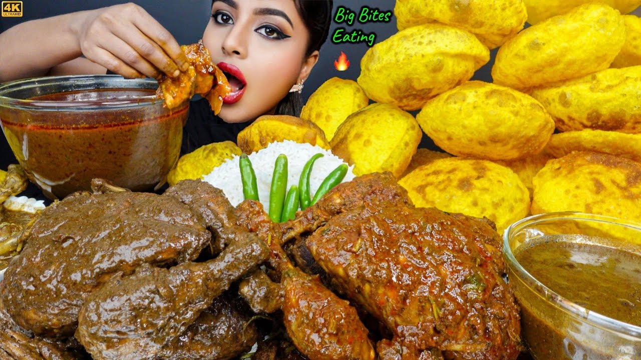 ASMR Eating Spicy Kala Bhuna Whole Chicken Curry,Poori,Rice,Egg Masala Big Bites ASMR Eating Mukbang