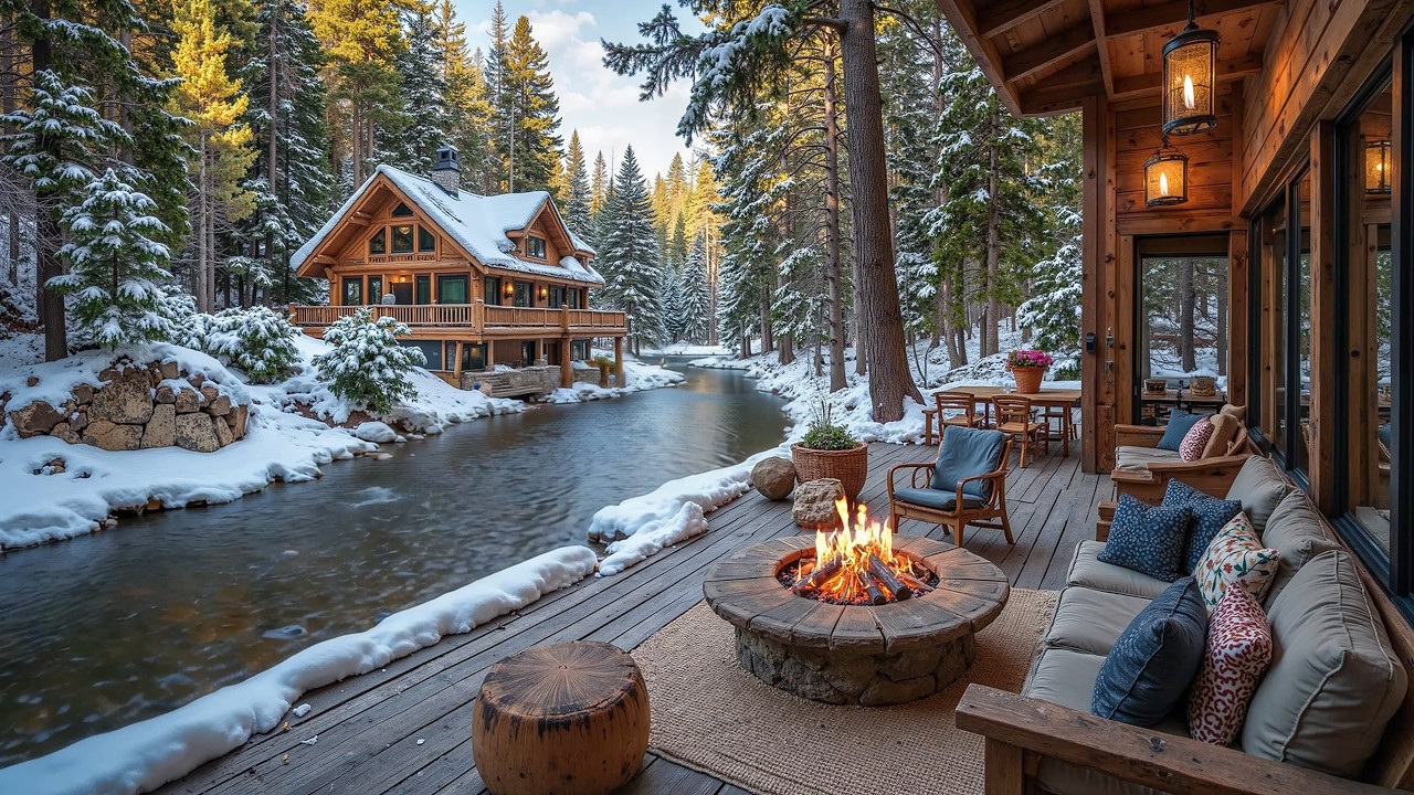 Early Spring with Birdsong Lakeside Cabin 🌺🔥| Relaxing Piano Music with Crackling Firepit