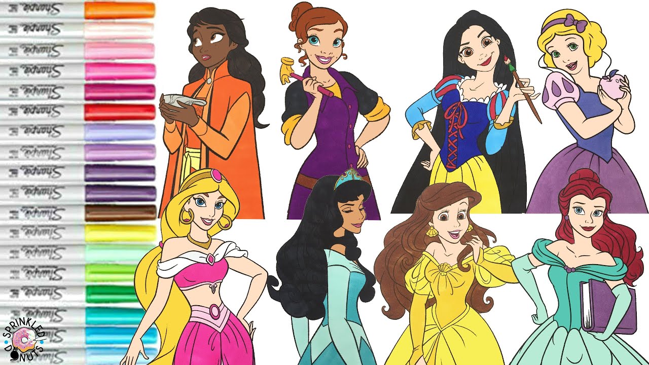 Disney Princess Color Swap Coloring Book Compilation Tiana Rapunzel Anna Ariel Belle Jasmine Snow