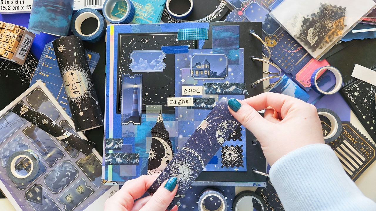 ASMR Scrapbook With Me | Night Theme | Relaxing Stationery Sounds | No Talking