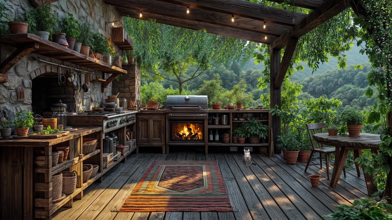 Peaceful Outdoor Kitchen Scene with Fire Sounds and Nature Ambience - Perfect for Relaxation