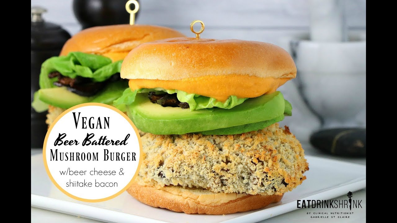 Vegan Beer Battered Mushroom Burger with beer cheese