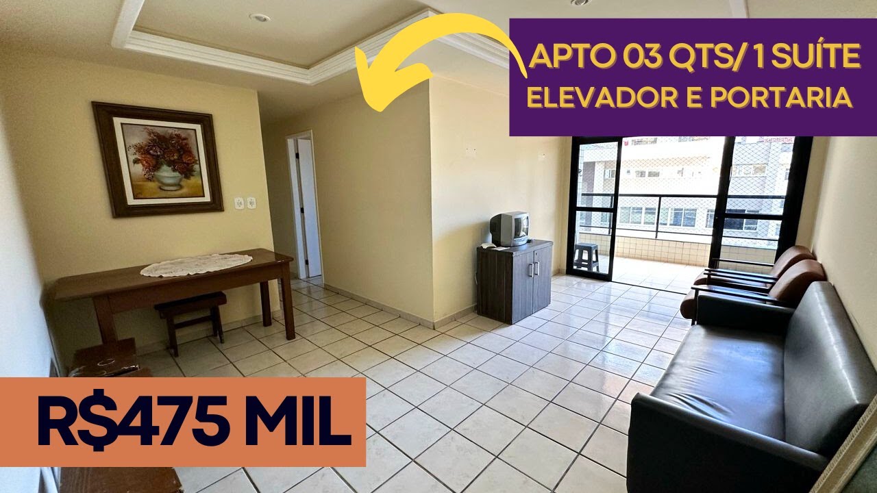 Apartamento 03 quartos (uma suíte), na quadra do Mar da Praia do Morro, Elevador e Portaria