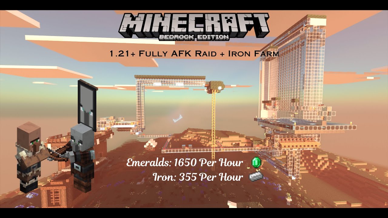Minecraft Bedrock 1.21 Fully AFK Simple Raid + Iron Farm - 1650 emeralds per hour/350 iron per hour