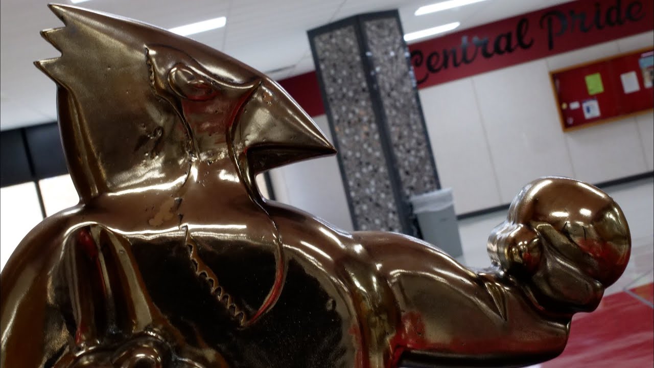 The East Central High School fighting Cardinal statue