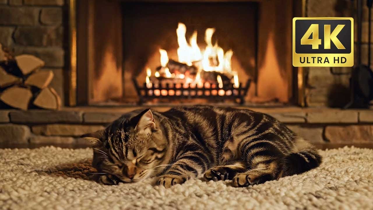 🐱🔥 Sleeping Cat by the Fireplace — Pure Cozy Comfort | 🎧 Chill Beats & Relaxing Music | VibeMocktail