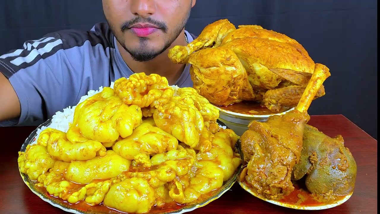 Spicy Oily Mutton Fat Curry, Whole ChickenCurry, Mutton Liver Curry with Rice Eating Show