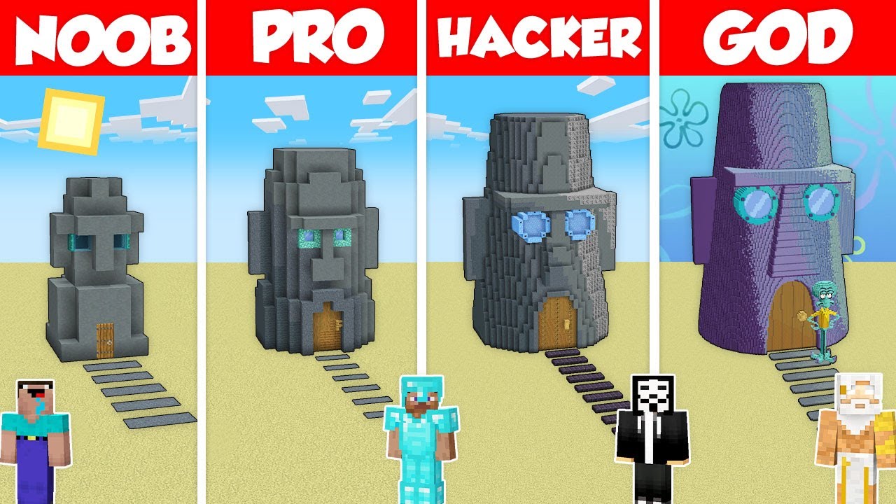 SQUIDWARD HOUSE BASE BUILD CHALLENGE - Minecraft Battle: NOOB vs PRO vs HACKER vs GOD / Animation