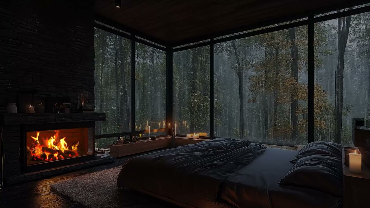 Heavy Rain and Warm Fireplace Ambience in a Tranquil Forest Room for Deep Sleep and Relax