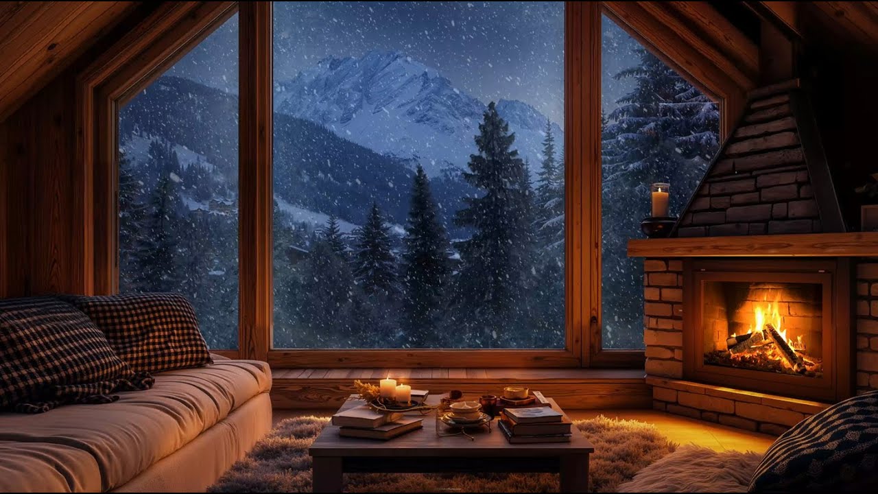 Cozy Winter Night Cabin (No Ads) | Fireplace Crackling & Snowy Winds for Calm Sleep